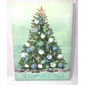 Coastal Christmas Wall Art "Seas and Greetings" Beach Tree Sign 18x12 Picture